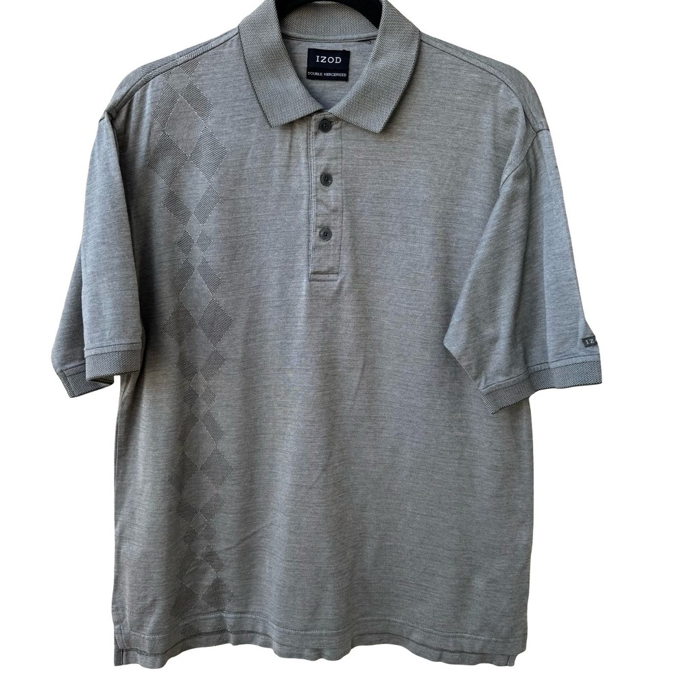 IZOD Double Mercerized Gray Preppy Golf Polo Shirt Argyle Diamond Pattern Mens M